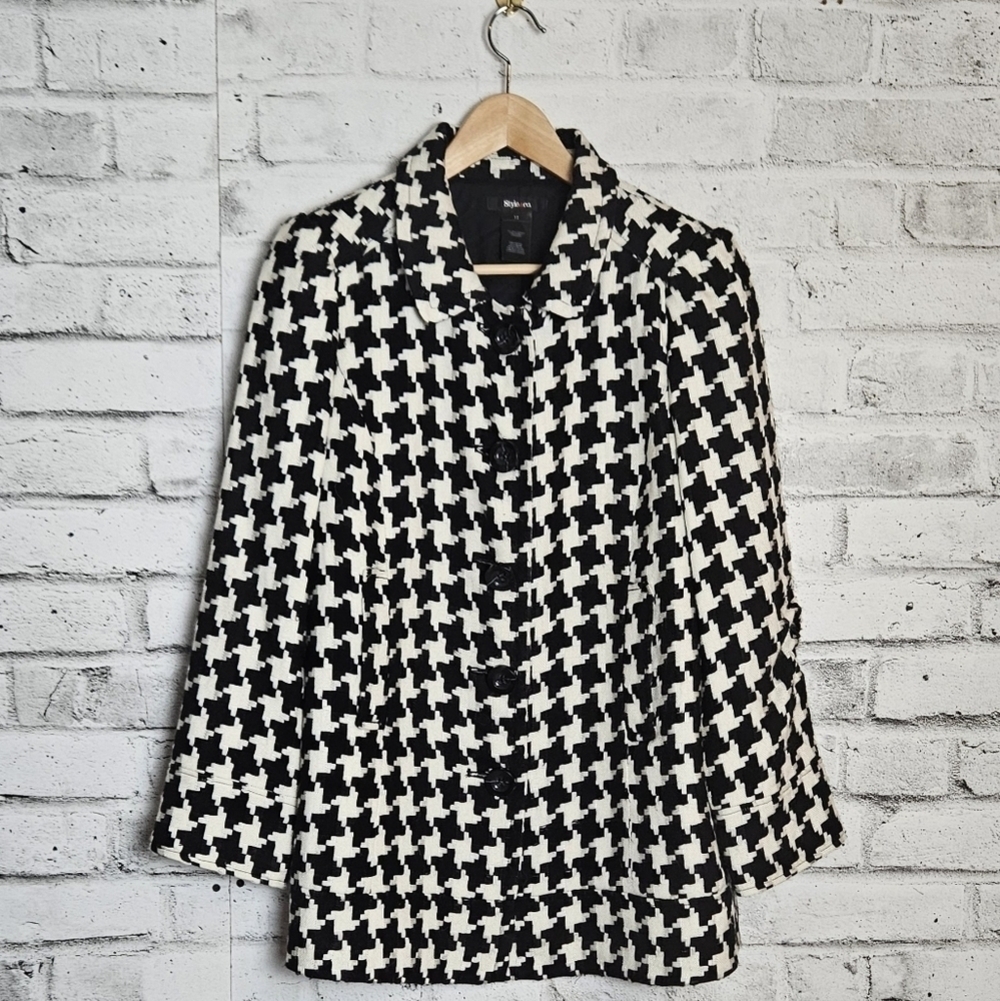 Style & Co Black White Houndstooth Wool Blend Coat Classic Tailored Size 12